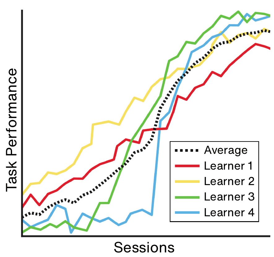 Line plot of task performance across sessions for four individual learners and their dotted average. Each learner improves at a different time, while the average rises in one smooth curve.