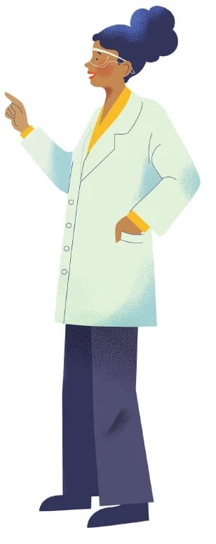 Illustration of a scientist in a white lab coat and safety glasses, pointing at the text.