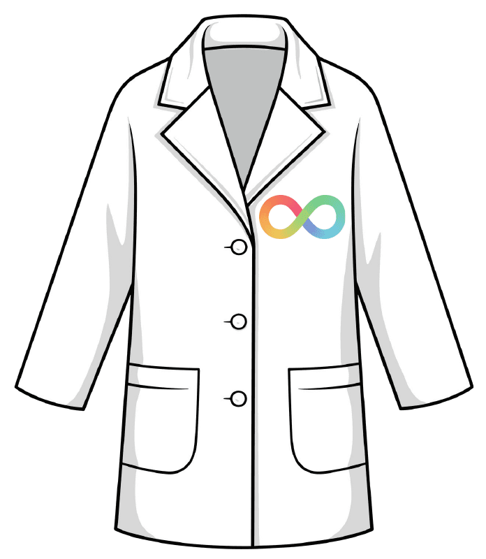 A white lab coat with a small rainbow infinity symbol on its pocket.