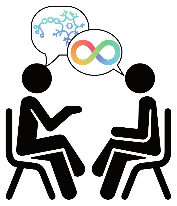 Two people sit in chairs facing each other, talking. One speech bubble holds a neuron sketch and the other holds a rainbow infinity symbol.